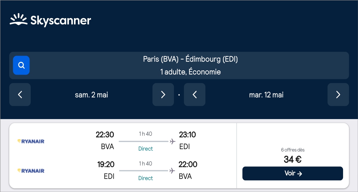*Écosse* Vols vers Édimbourg pour ~30€ (78% de réduction)