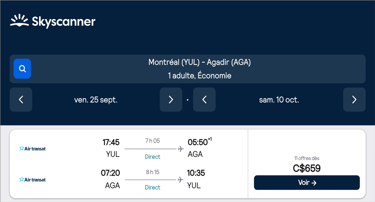 *Maroc* Vols vers Agadir pour ~650$ (53% de rabais)