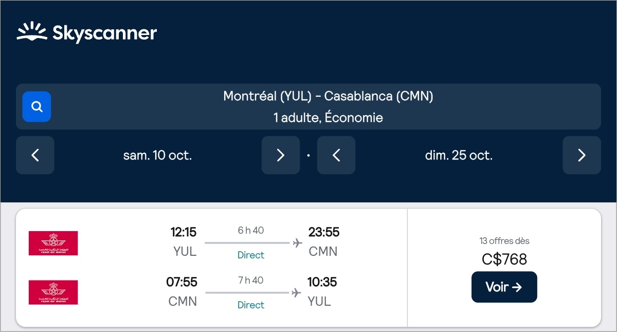 *Maroc* Vols vers Casablanca pour ~760$ (43% de rabais)