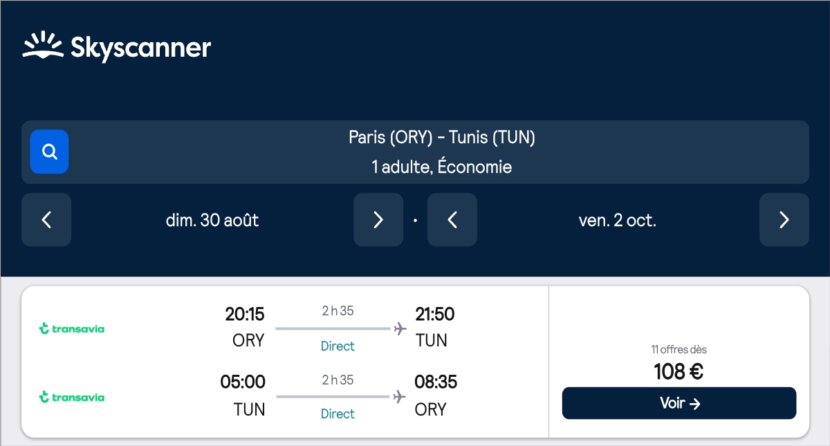 *Tunisie* Vols vers Tunis pour ~100€ (48% de réduction)