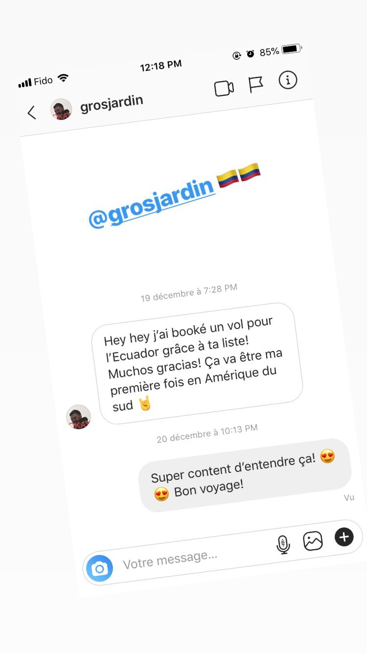 Hey hey j'ai booké un vol pour Ecuador grâce a ta liste! Muchos gracias! Ça va être ma première fois en Amérique du d sud