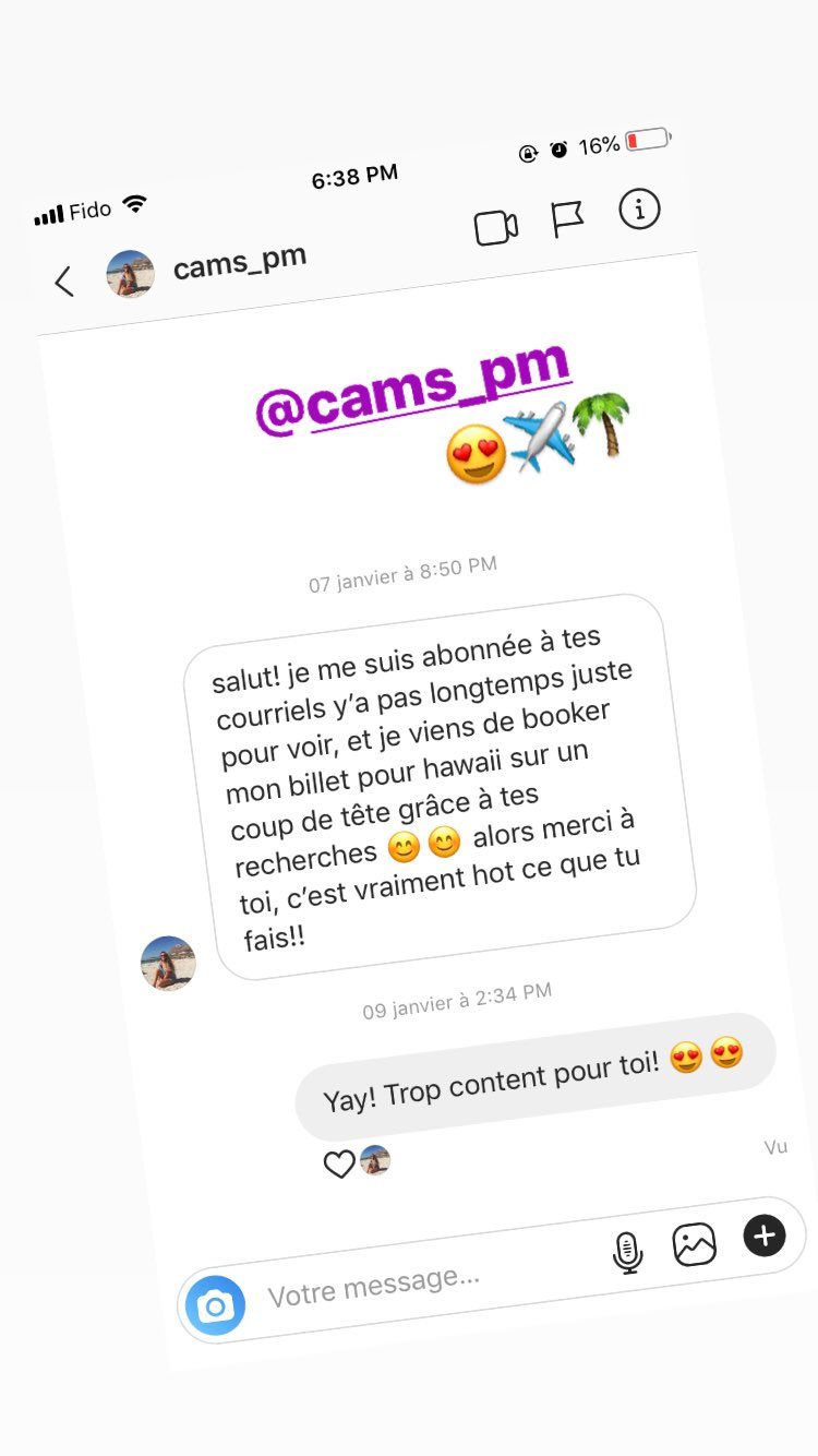 salut! je me suis abonnée a tes courriels ya pas longtemps juste pour voir et je viens de booker mon billet pour hawaii sur un coup de tete grace a tes recherches, alors merci a toi, c'est vraiment hot ce que tu fais!