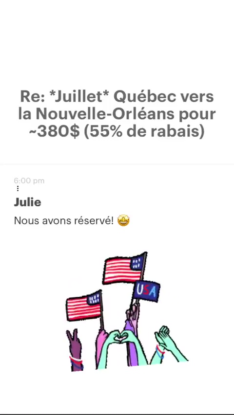 Re: “Juillet* Québec vers la Nouvelle-Orléans pour -380$ (55% de rabais) Julie Nous avons réservé! @ 