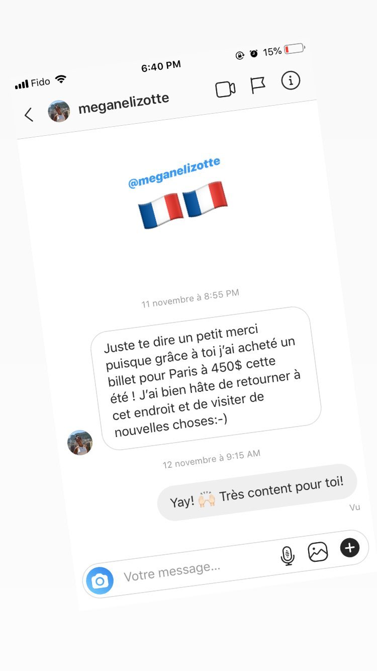 Juste te dire un petit merci puisque grace a toi j'ai achete un billet pour Paris a 450$ cette ete! J'ai bien hate de retourner a cet endroit et de visiter de nouvelles choses!