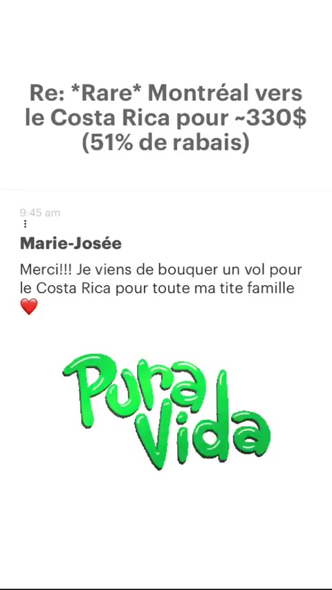 Re: *Rare* Montréal vers le Costa Rica pour -330$ (51% de rabais) Marie-Josée Merci!!! Je viens de bouquer un vol pour le Costa Rica pour toute ma tite famille Pile 