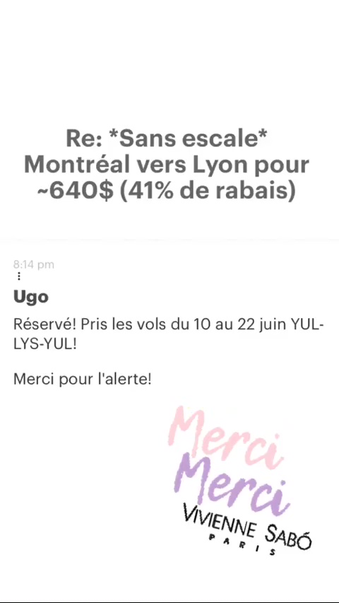 Re: *Sans escale* Montréal vers Lyon pour -640$ (41% de rabais) Ugo Réservé! Pris les vols du 10 au 22 juin YUL- LYS-YUL! Merci pour l'alerte! 