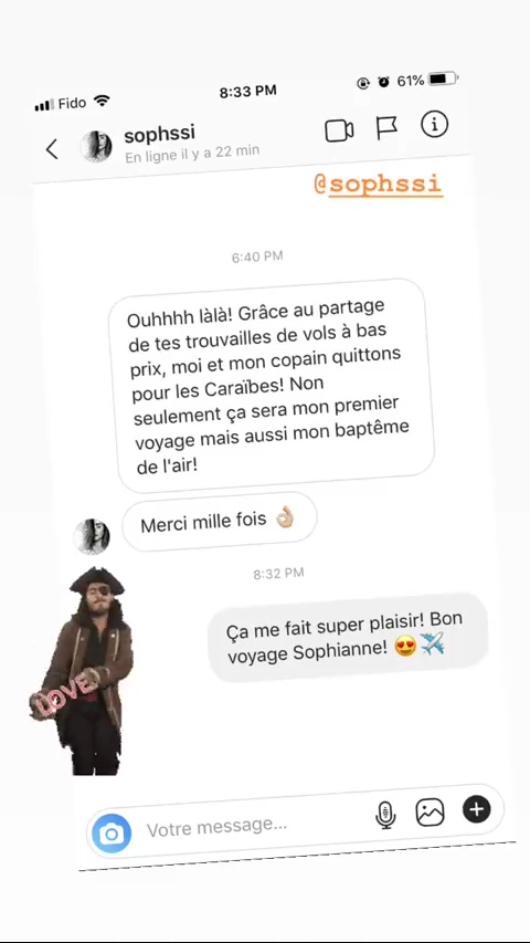 Ati Fido F 8:33 PM 4 DS ouhhhh làlà! Grâce au partage de tes trouvailles de vols à bas prix, moi et mon Copain quittons pour les Caraïbes! Non seulement ça sera mon premier voyage mais aussi mon baptême de l'air! b mille fois à Ça me fait super plaisir! BON Voyage Sophianne! 4 X 