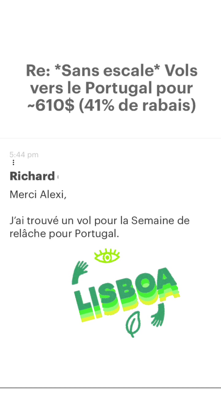 Re: “Sans escale* Vols vers le Portugal pour -610$ (41% de rabais) Richard: Merci Alexi, J'ai trouvé un vol pour la Semaine de relâche pour Portugal. # eds ue” 
