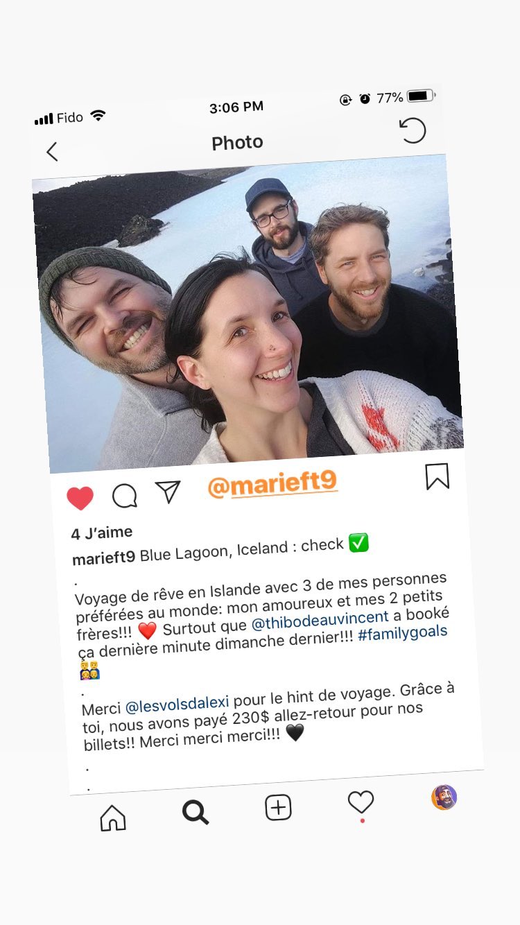 Blue Lagoon, Iceland : check. Voyage de rêve en Islande avec 3 de mes personnes préférées au monde: mon amoureux et mes 2 petits frères!!! ® Surtout que @thibodeauvincent a booké a minute dimanche dernier!!! #familygoals Merci @lesvolsdalexi pour le hint de voyage. Grâce à toi, nous avons payé 230$ allez-retour pour nos billets!! Merci merci merci!!!
